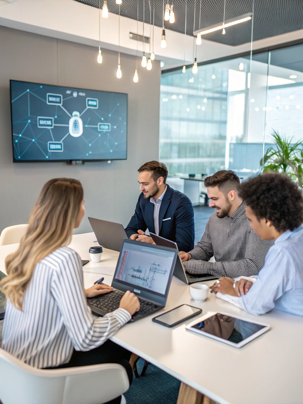 Enterprise cybersecurity consultants reviewing architectural schematics in a conference room